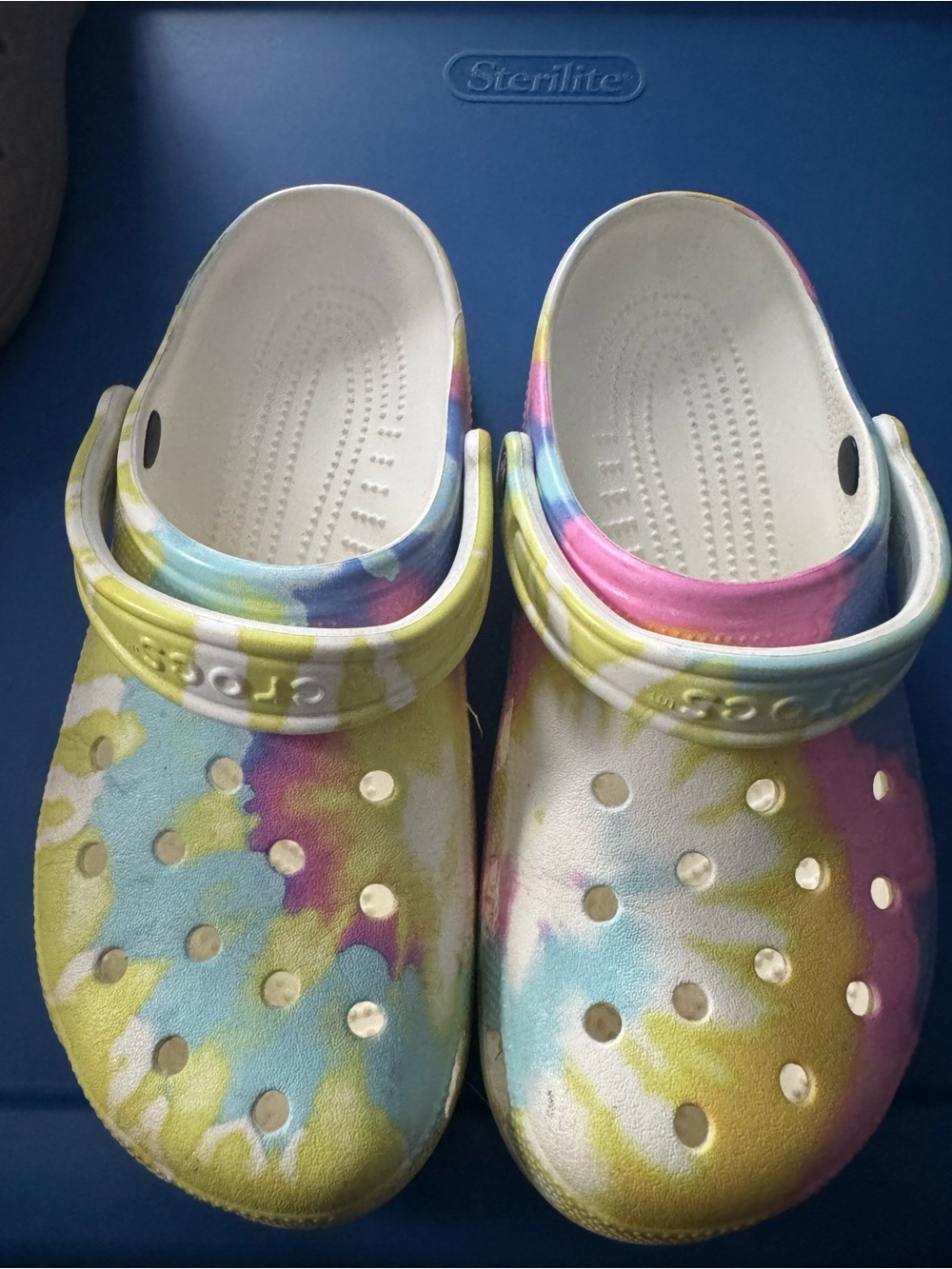 CROCS Women's Tie-Dye Slip-On Clogs in White, Yellow, Blue, Pink